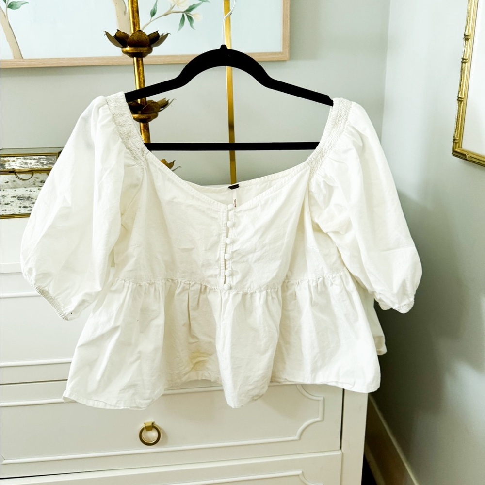 FREE PEOPLE PUFF SLEEVE RUFFLE HEM BLOUSE WHITE